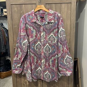Talbots 3X Button Down Shirt Pink Paisley Lightweight Long Roll Tab Sleeves